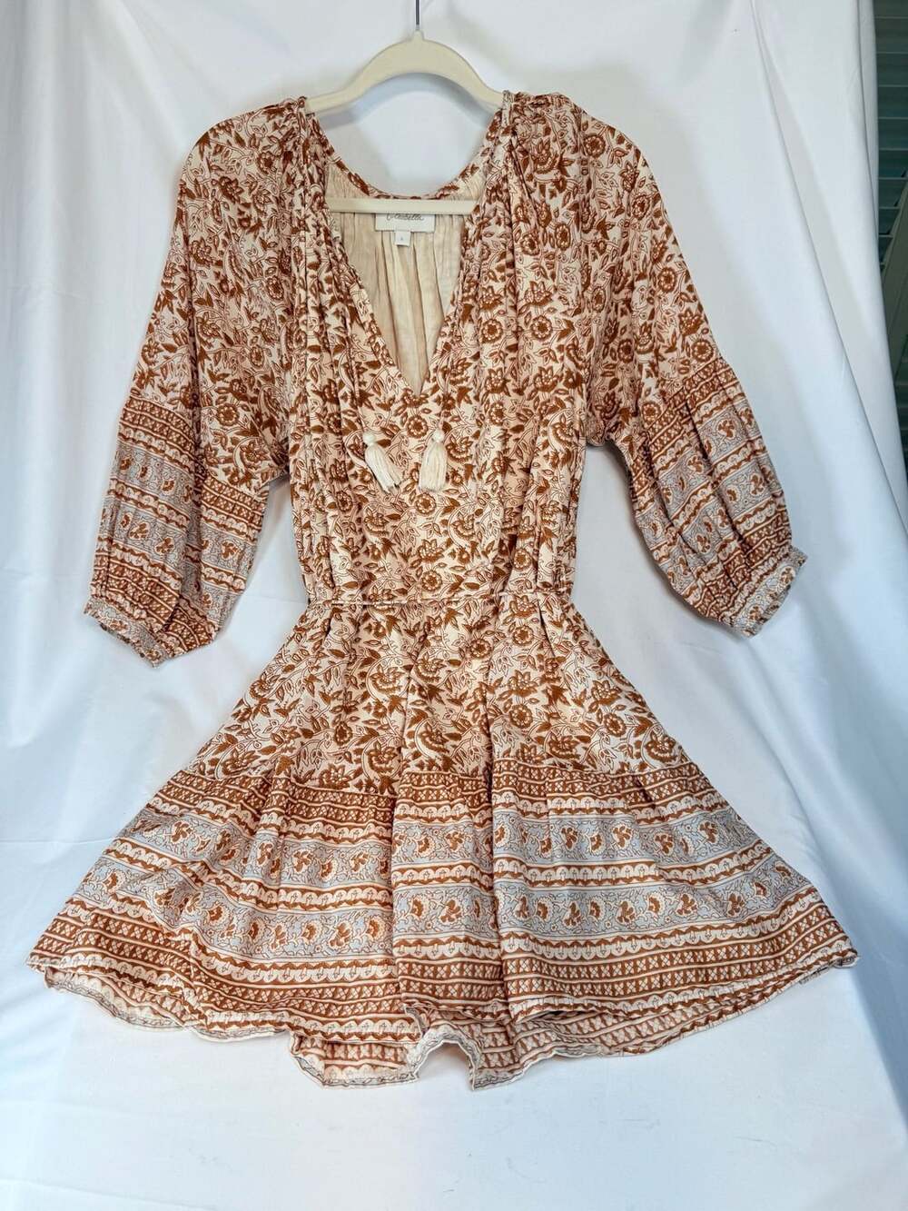 Cleobella Boho Floral Prarie Cottagecore Block Print Mini Dress Large Tassel V-N